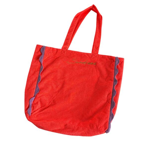 Sundress Handbags - Sundress Neon Coral & Purple Trim Terrycloth Beach Vacation Tote Bag
